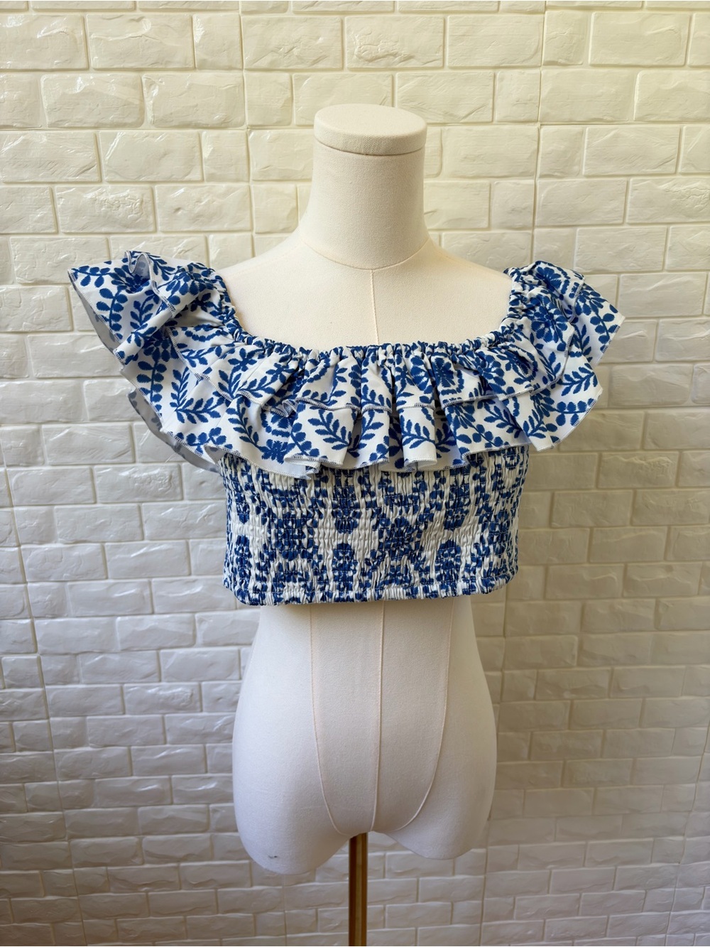 SHEIN Blue and White Ruffle Off-Shoulder Smocked Crop Top